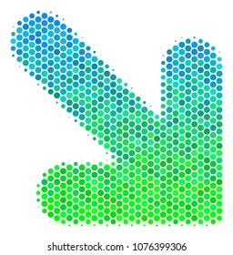 Halftone round spot Arrow Down Right pictogram. Pictogram in green and blue color tinges on a white background. Vector composition of arrow down right icon designed of sphere dots.