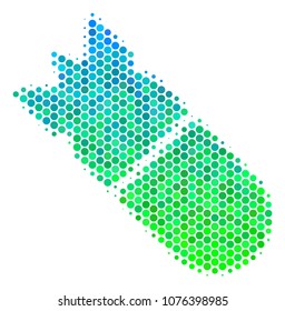 Halftone round spot Aviation Bomb icon. Pictogram in green and blue color tones on a white background. Vector concept of aviation bomb icon done of spheric items.