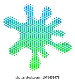 Halftone round spot Blot icon. Pictogram in green and blue color hues on a white background. Vector pattern of blot icon done of spheric blots.
