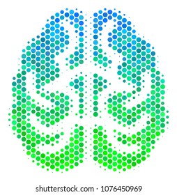 Halftone round spot Brain icon. Icon in green and blue shades on a white background. Vector mosaic of brain icon constructed of circle elements.