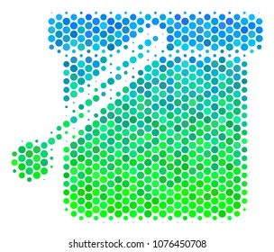 Halftone round spot Bucket pictogram. Icon in green and blue color tones on a white background. Vector mosaic of bucket icon constructed of spheric pixels.