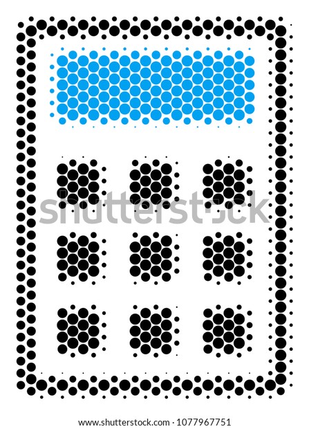 Halftone round spot Calculator icon. Pictogram on\
a white background. Vector mosaic of calculator icon created of\
spheric items.