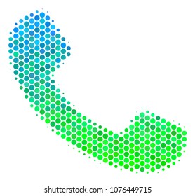 Halftone round spot Call icon. Pictogram in green and blue color tints on a white background. Vector mosaic of call icon organized of spheric spots.