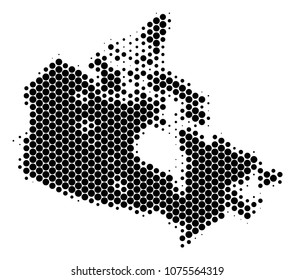 Halftone round spot Canada Map. Vector geographical map on a white background. Vector mosaic of Canada Map constructed of circle pixels.