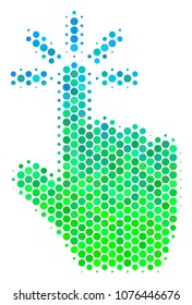 Halftone round spot Click pictogram. Pictogram in green and blue color tones on a white background. Vector mosaic of click icon designed of sphere blots.