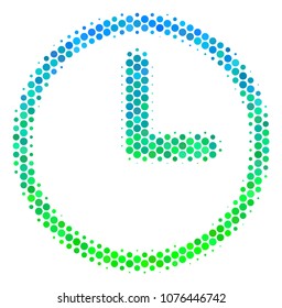 Halftone round spot Clock icon. Pictogram in green and blue color tints on a white background. Vector collage of clock icon combined of sphere pixels.