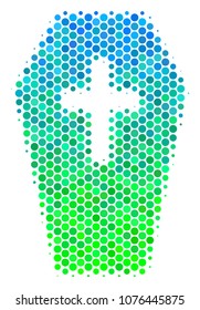 Halftone round spot Coffin pictogram. Pictogram in green and blue shades on a white background. Vector composition of coffin icon combined of circle spots.