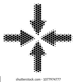 Halftone round spot Collide Arrows icon. Pictogram on a white background. Vector collage of collide arrows icon combined of circle dots.