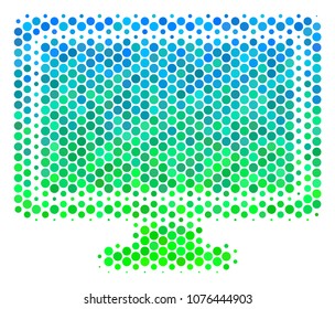 Halftone round spot Computer Display pictogram. Icon in green and blue color tones on a white background. Vector composition of computer display icon organized of round pixels.
