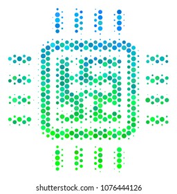 Halftone round spot Cpu Circuit icon. Icon in green and blue shades on a white background. Vector pattern of cpu circuit icon designed of sphere blots.