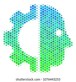 Halftone round spot Cyborg Head pictogram. Icon in green and blue color tinges on a white background. Vector collage of cyborg head icon designed of spheric items.