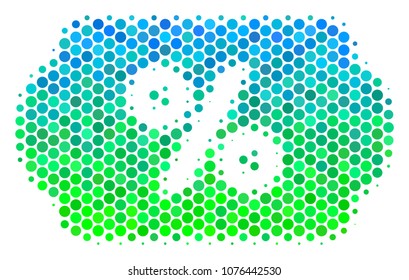 Halftone round spot Discount Coupon icon. Icon in green and blue color tones on a white background. Vector concept of discount coupon icon done of sphere spots.