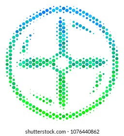 Halftone round spot Drone Screw Rotation icon. Pictogram in green and blue color tints on a white background. Vector collage of drone screw rotation icon composed of circle pixels.