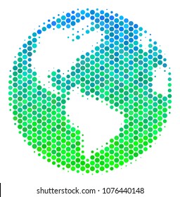 Halftone round spot Earth icon. Pictogram in green and blue shades on a white background. Vector composition of earth icon constructed of spheric blots.