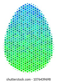 Halftone round spot Egg pictogram. Pictogram in green and blue color tinges on a white background. Vector concept of egg icon constructed of circle blots.