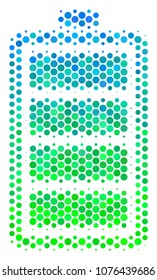 Halftone round spot Electric Battery icon. Icon in green and blue color tints on a white background. Vector mosaic of electric battery icon made of round dots.