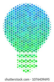 Halftone round spot Electric Bulb pictogram. Pictogram in green and blue color tones on a white background. Vector mosaic of electric bulb icon composed of sphere blots.