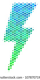 Halftone round spot Electric Strike icon. Icon in green and blue color tones on a white background. Vector pattern of electric strike icon made of round dots.