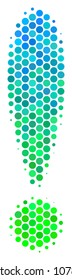 Halftone round spot Exclamation Sign icon. Icon in green and blue color tinges on a white background. Vector mosaic of exclamation sign icon combined of circle dots.