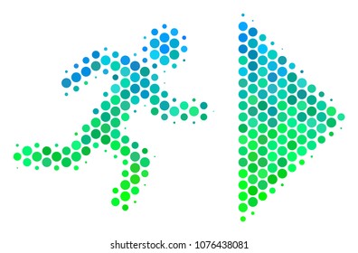 Halftone round spot Exit Direction icon. Pictogram in green and blue shades on a white background. Vector concept of exit direction icon constructed of spheric pixels.