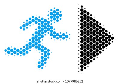 Halftone round spot Exit Direction icon. Pictogram on a white background. Vector composition of exit direction icon done of circle pixels.