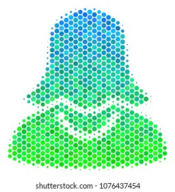 Halftone round spot Female pictogram. Icon in green and blue shades on a white background. Vector pattern of female icon designed of spheric elements.