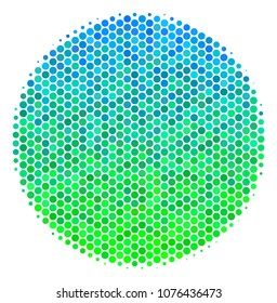 Halftone round spot Filled Circle icon. Icon in green and blue color tones on a white background. Vector collage of filled circle icon created of sphere blots.