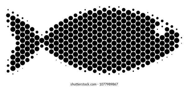 Halftone round spot Fish icon. Pictogram on a white background. Vector composition of fish icon made of spheric items.