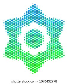 Halftone round spot Flower icon. Icon in green and blue color tints on a white background. Vector concept of flower icon done of sphere dots.