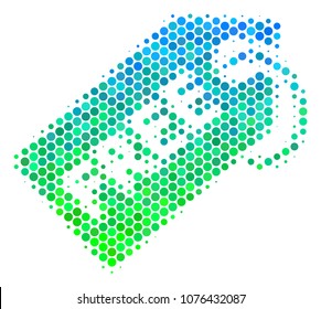 Halftone round spot Free Tag icon. Pictogram in green and blue color tints on a white background. Vector pattern of free tag icon created of circle elements.