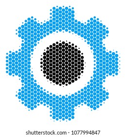 Halftone round spot Gear icon. Pictogram on a white background. Vector composition of gear icon done of spheric spots.