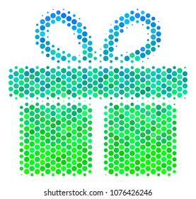 Halftone round spot Gift icon. Icon in green and blue color tones on a white background. Vector collage of gift icon constructed of sphere spots.
