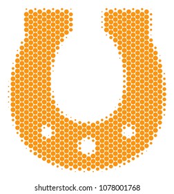 Halftone round spot Horseshoe icon. Pictogram on a white background. Vector collage of horseshoe icon designed of sphere pixels.