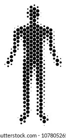 Halftone round spot Human icon. Pictogram on a white background. Vector collage of human icon done of round pixels.