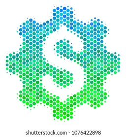 Halftone round spot Industrial Capital pictogram. Pictogram in green and blue color tints on a white background. Vector collage of industrial capital icon composed of sphere dots.