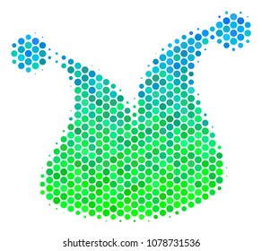 Halftone round spot Joker Hat icon. Icon in green and blue color tones on a white background. Vector mosaic of joker hat icon done of circle elements.