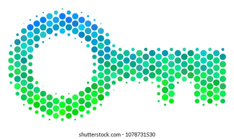 Halftone round spot Key icon. Pictogram in green and blue color tints on a white background. Vector collage of key icon composed of spheric items.