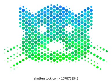 Halftone round spot Kitty pictogram. Icon in green and blue color tones on a white background. Vector mosaic of kitty icon made of circle spots.