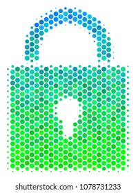 Halftone round spot Lock icon. Pictogram in green and blue color hues on a white background. Vector collage of lock icon done of circle pixels.