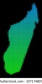 Halftone round spot Madagascar Island Map. Vector territorial map in green-blue gradient colors on a black background. Vector composition of Madagascar Island Map designed of circle points.