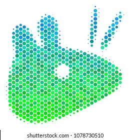Halftone round spot Mouse Head icon. Pictogram in green and blue color tinges on a white background. Vector concept of mouse head icon made of round blots.