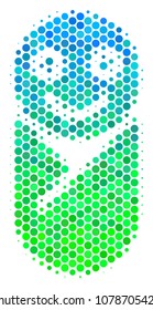 Halftone round spot Newborn icon. Pictogram in green and blue color tinges on a white background. Vector pattern of newborn icon composed of circle elements.