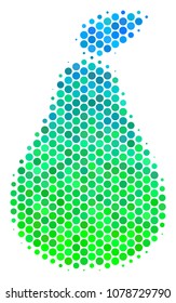Halftone round spot Pear icon. Pictogram in green and blue color tinges on a white background. Vector concept of pear icon composed of spheric spots.