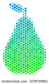 Halftone round spot Pear icon. Pictogram in green and blue color tones on a white background. Vector composition of pear icon constructed of sphere dots.