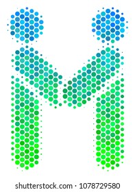 Halftone round spot Persons Handshake pictogram. Icon in green and blue color hues on a white background. Vector collage of persons handshake icon organized of sphere dots.