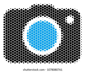 Halftone round spot Photo Camera icon. Pictogram on a white background. Vector composition of photo camera icon designed of spheric elements.