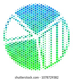 Halftone round spot Pie Chart pictogram. Icon in green and blue color tones on a white background. Vector mosaic of pie chart icon organized of spheric items.