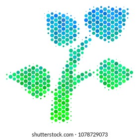 Halftone round spot Plant Tree pictogram. Pictogram in green and blue color tinges on a white background. Vector mosaic of plant tree icon constructed of spheric dots.