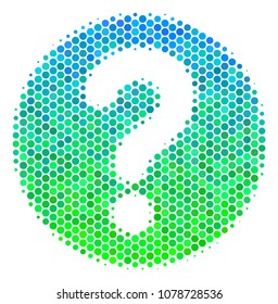 Halftone round spot Query icon. Pictogram in green and blue shades on a white background. Vector concept of query icon constructed of spheric elements.