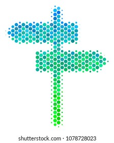 Halftone round spot Road Pointer pictogram. Pictogram in green and blue color tinges on a white background. Vector pattern of road pointer icon constructed of spheric elements.